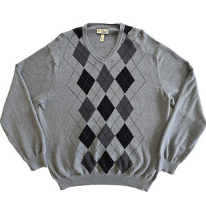 Bass Sweater Mens XL Gray Cotton Argyle Preppy Classic Academia Retro Grandpa